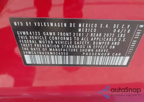 2019 Volkswagen Jetta 1.4T R-Line/1.4T S/1.4T Se z USA, uszkodzony, nr VIN 3VWC57BU3KM024958